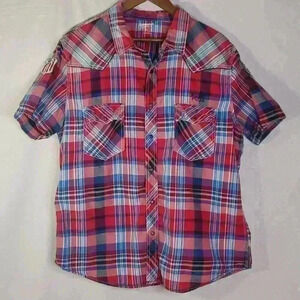 Vintage Y2K Arizona Jean Company Plaid Western Snap Front Short Sleeve Shirt XXL